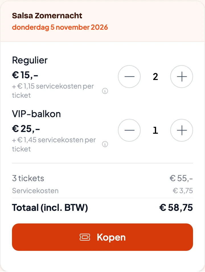 Ticketkeuze op de evenementpagina: Regulier en VIP-balkon met een koopknop