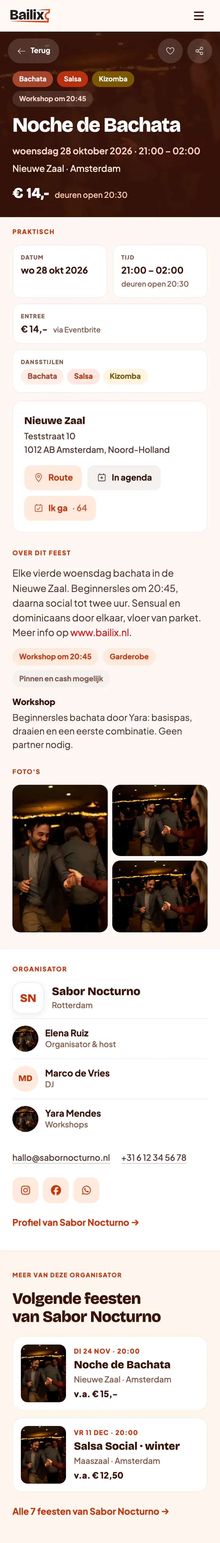 Een evenementpagina op Bailix op een telefoon, met een knop naar de ticketverkoop via Eventbrite