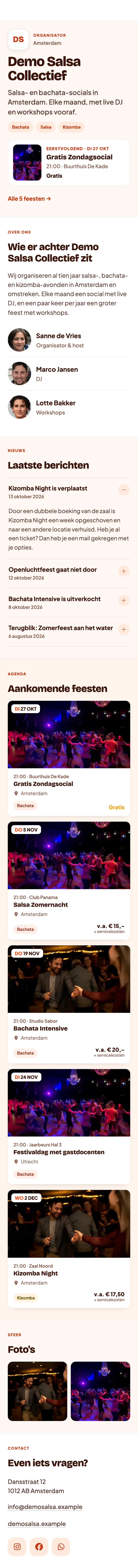 Een profielpagina op Bailix op een telefoon: agenda, team, nieuws, foto's en contact
